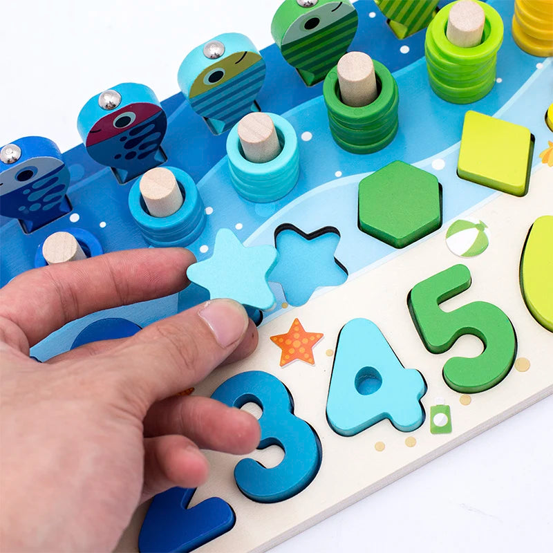 3D Preschool Children Educational Toys Wooden Montessori Arithmetic Magnetic Fishing Digital Shape Matching Building Block Toys