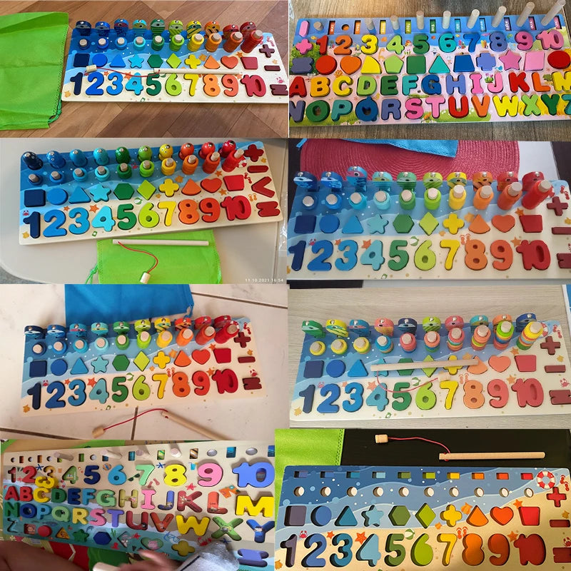 3D Preschool Children Educational Toys Wooden Montessori Arithmetic Magnetic Fishing Digital Shape Matching Building Block Toys