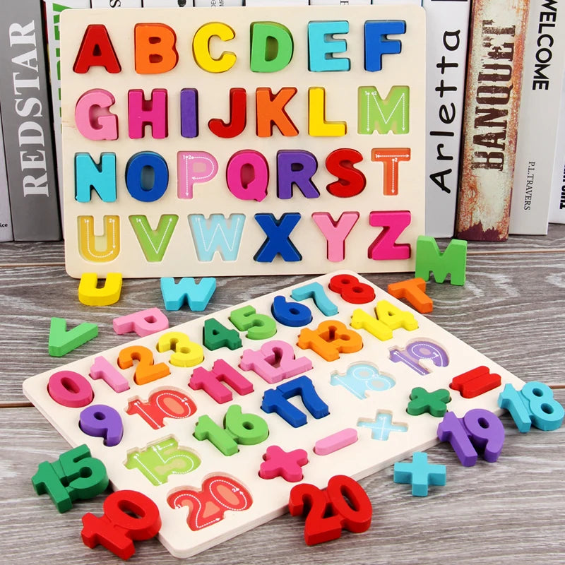 Wooden Alphabet Number Puzzle – Montessori Shape Matching Board