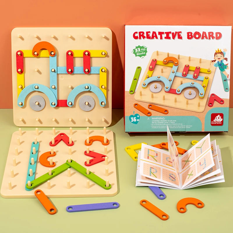 Wooden Geometric Pegboard Puzzle for Kids, Montessori Learning Toy