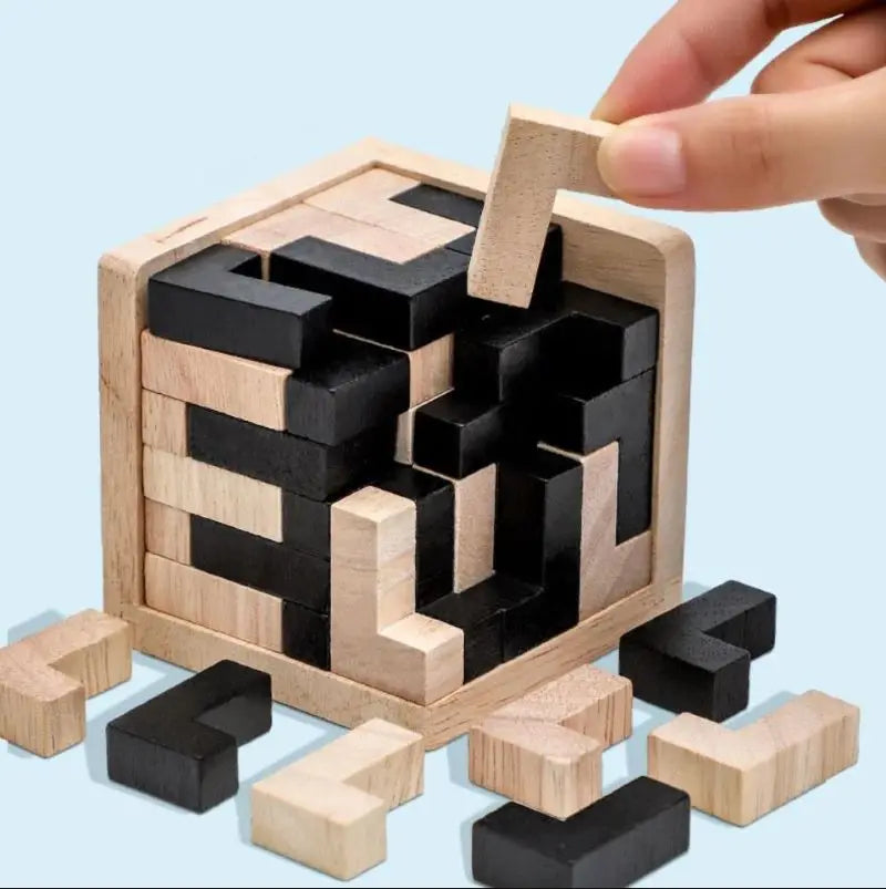 3D Cube Wooden Puzzle – Interlocking Luban Brain Teaser