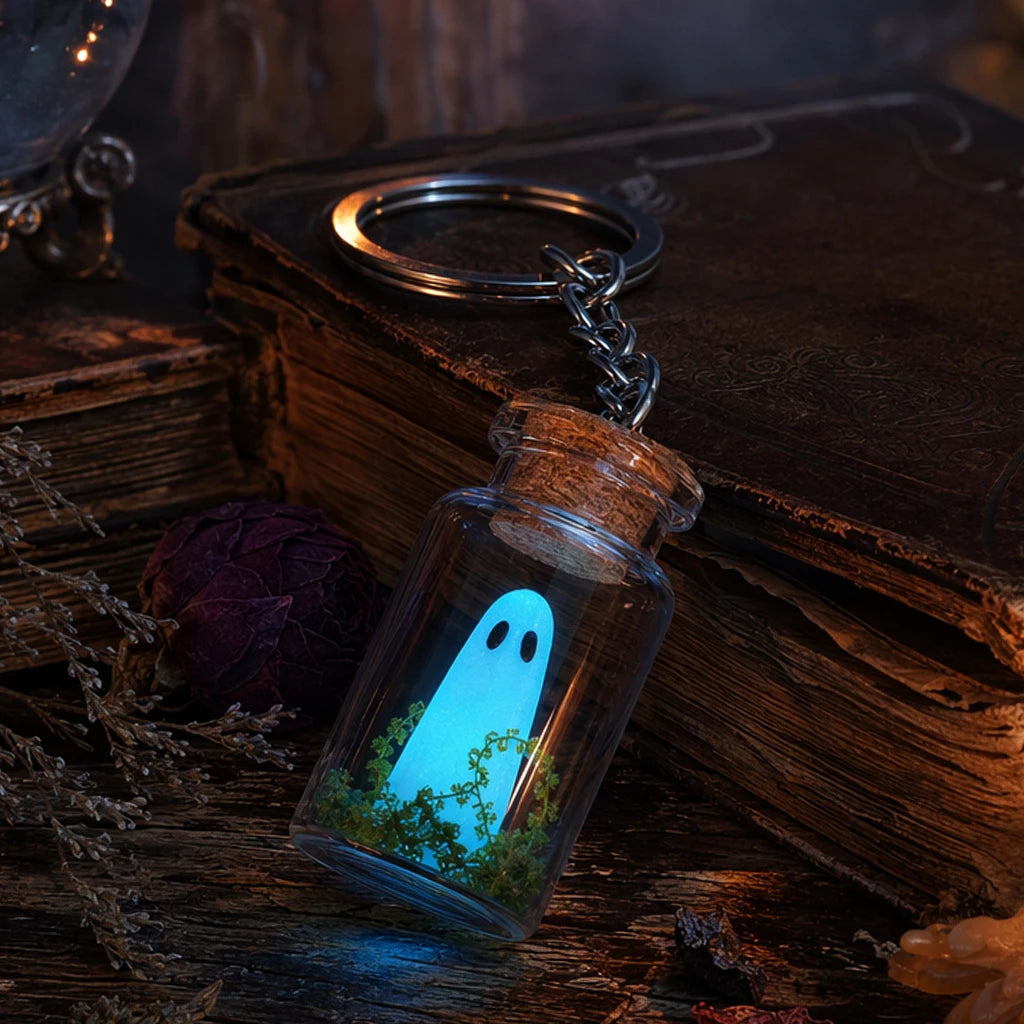 Luminous Ghost Keychain Halloween Tiny Glow Drifting Bottle Adopt Ghost Keyring Creative Design Green Spectre Jewelry Gift