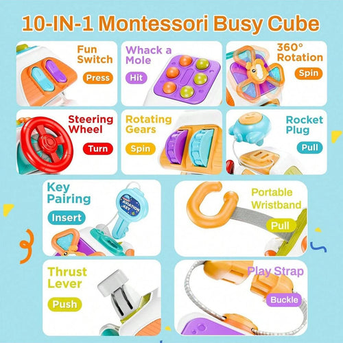 10-in-1 Montessori Busy Board Cube for Toddlers, Sensory Learning Toy