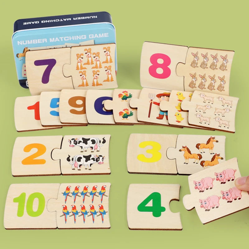 Wooden Number Matching Puzzle – Animal Counting Math Board