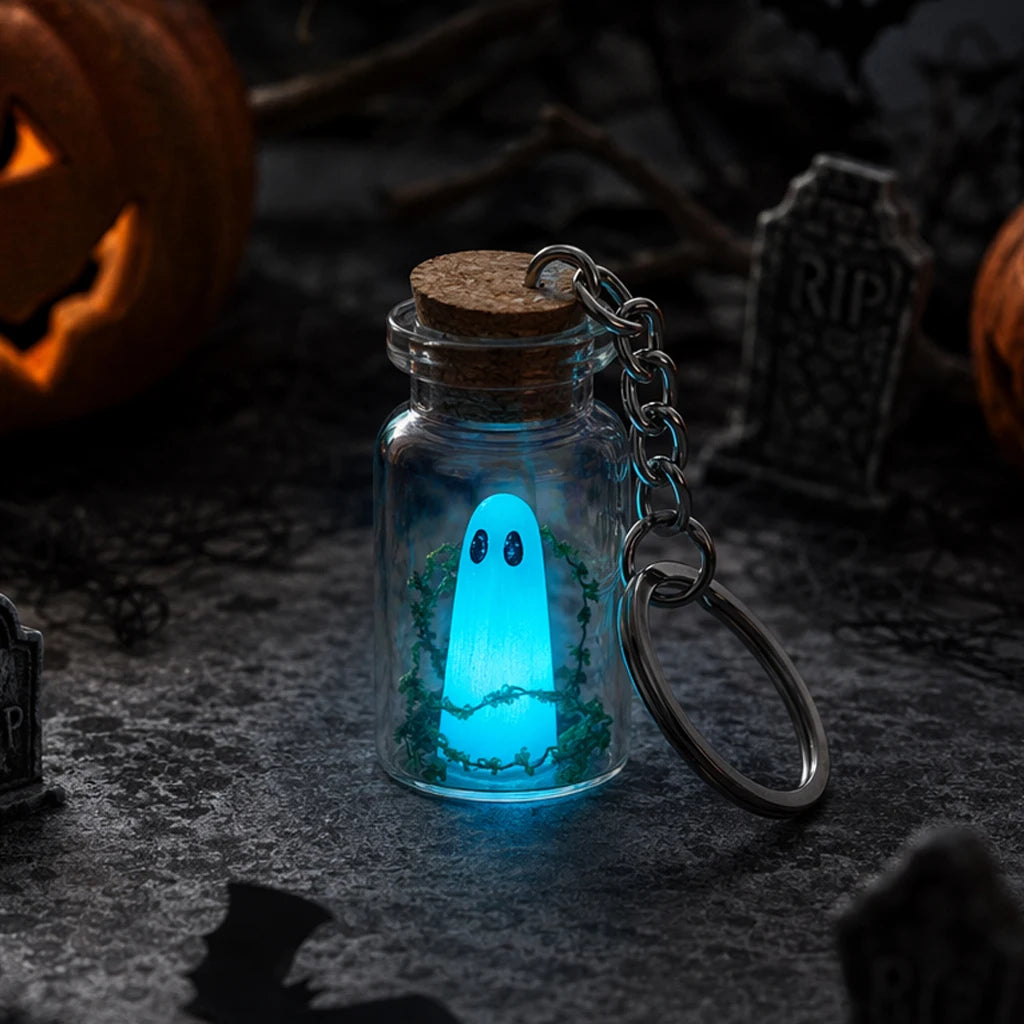 Luminous Ghost Keychain Halloween Tiny Glow Drifting Bottle Adopt Ghost Keyring Creative Design Green Spectre Jewelry Gift
