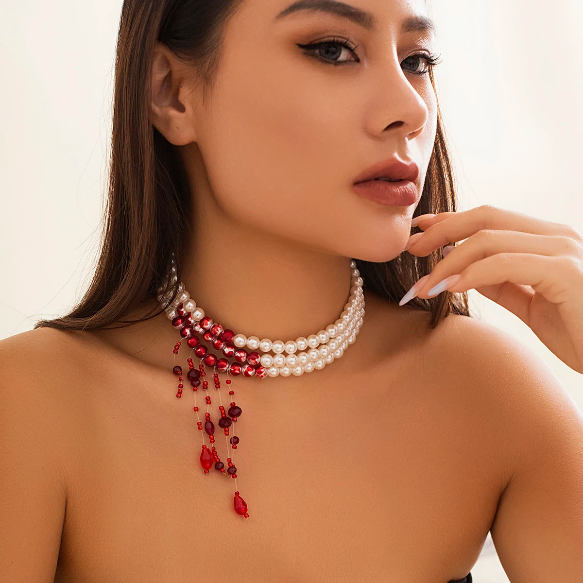 Gothic Halloween Necklace – Red Tassel Pearl Pendant