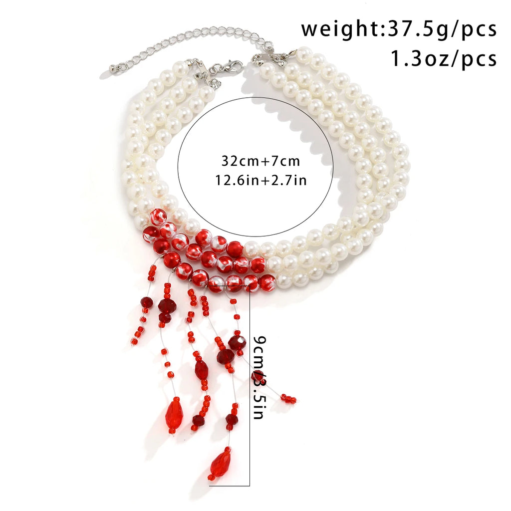 Gothic Halloween Necklace – Red Tassel Pearl Pendant