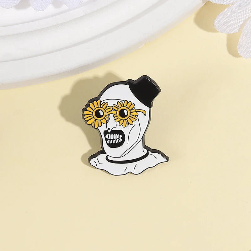 Terrifier Clown Enamel Pin Sunflower Sunglasses Horror Clown Killer Movie Halloween Brooch Lapel Badge Jewelry Gifts For Friends