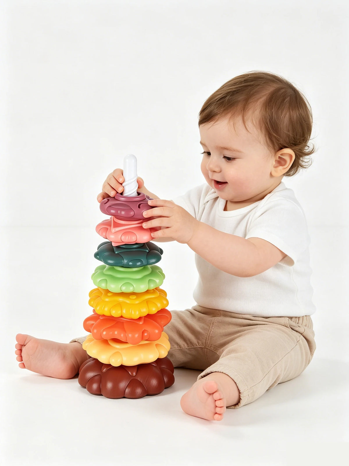 Rainbow Stacking Tower Toy – Rotating Montessori Puzzle