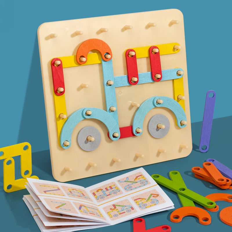 Wooden Geometric Pegboard Puzzle for Kids, Montessori Learning Toy