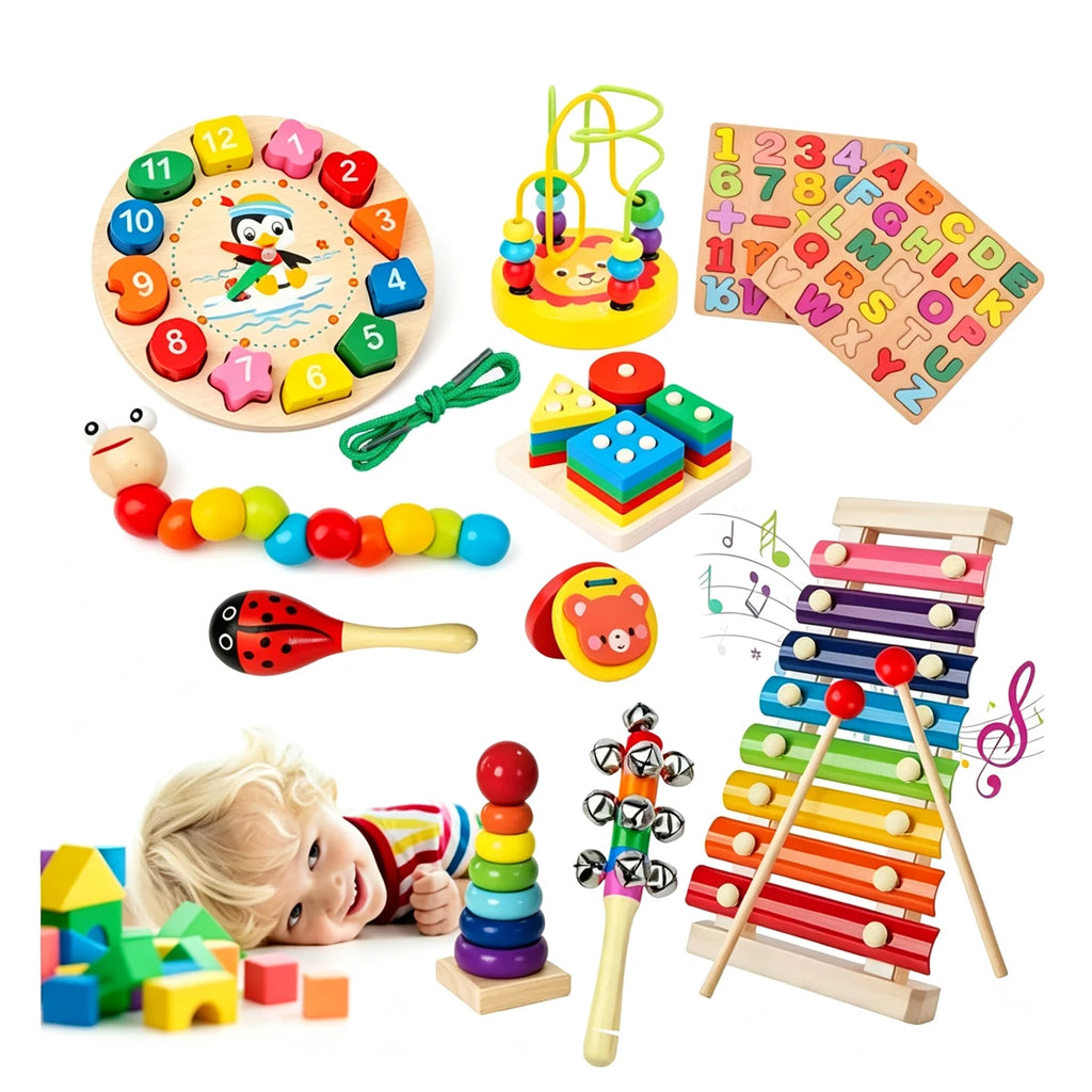 Wooden Montessori Toy Set – Educational Clock Puzzle for Toddlers