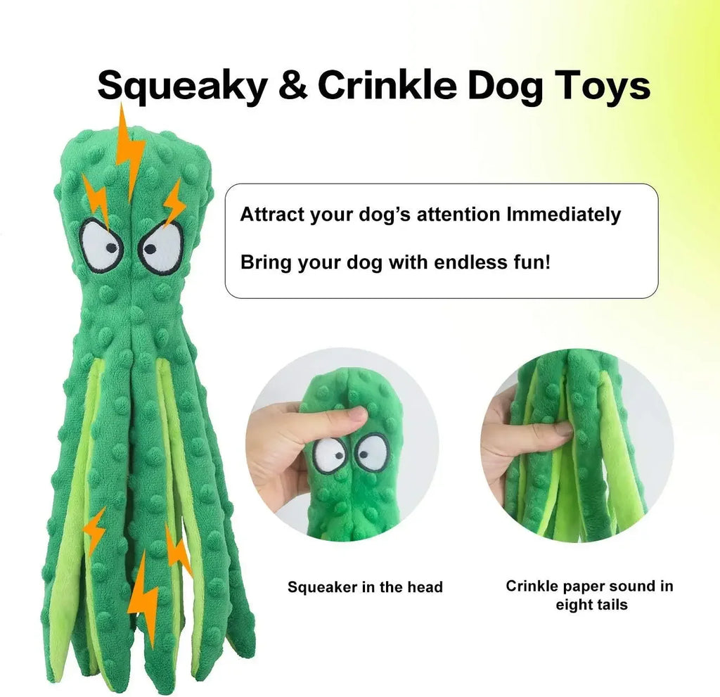 Stuffless Octopus Dog Toy – Squeaky Plush with Crinkle Tails