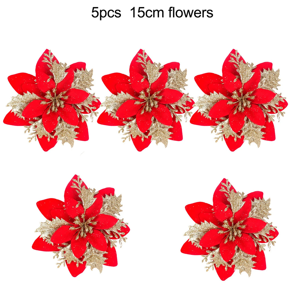 Christmas Poinsettia Flowers Artificial Tree Ornaments 5/10/15/20 Pcs