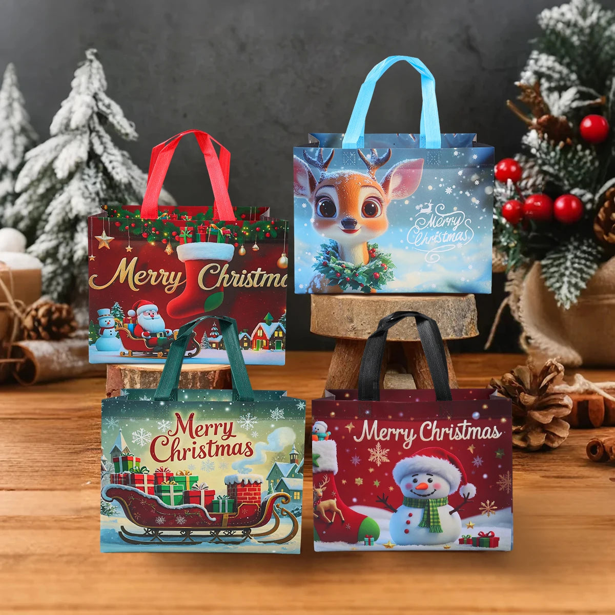 Christmas Gift Bags 4 Pcs Santa Holiday Party Favor Bags