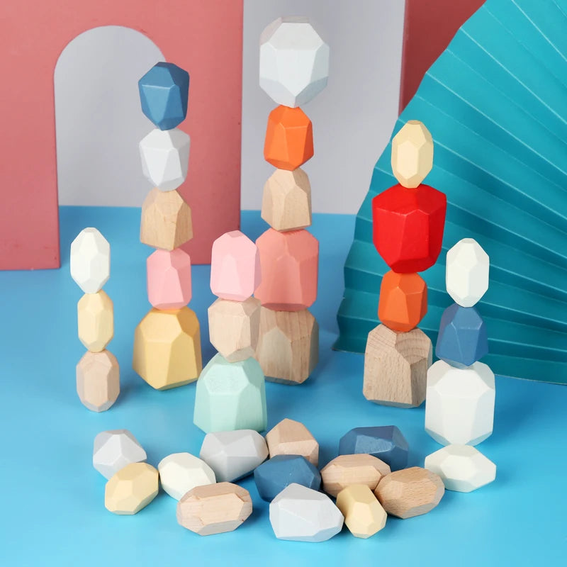 Wooden Sorting Stacking Rocks Stones Sensory Toddler Toys Learning Montessori Toys Building Blocks Game for Kids Birthday Gifts
