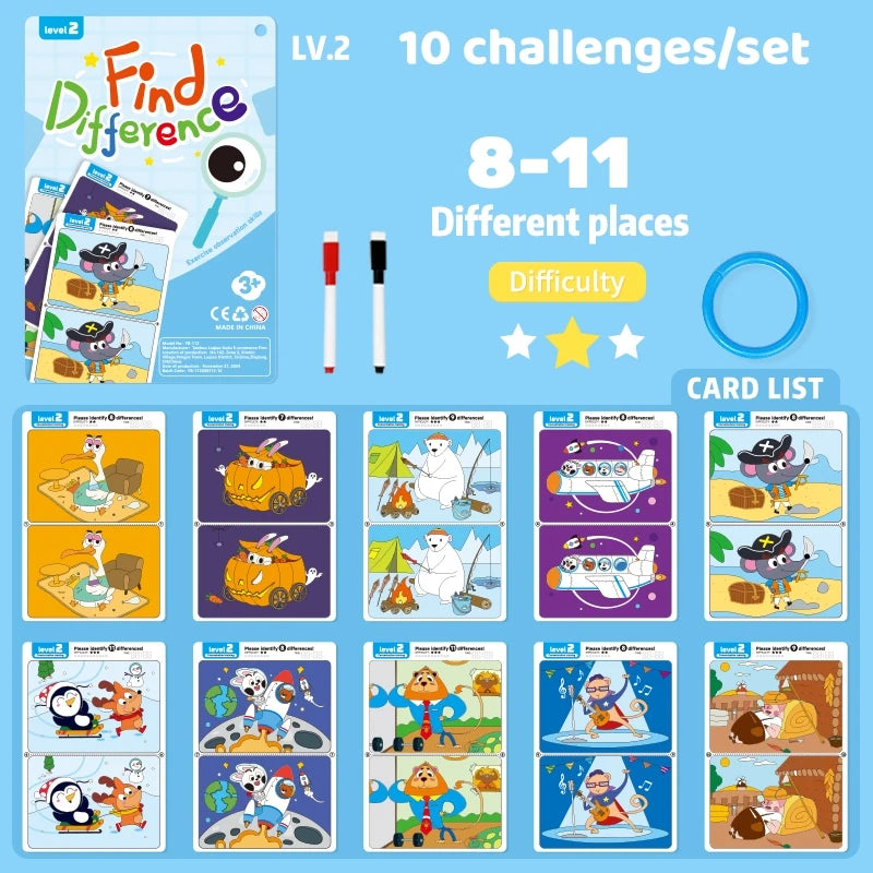Find the Difference Game for Kids, 10 Reusable Puzzle Cards