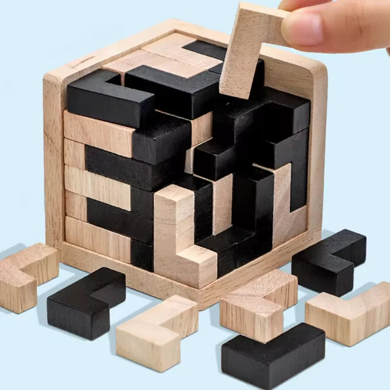 3D Cube Wooden Puzzle – Interlocking Luban Brain Teaser