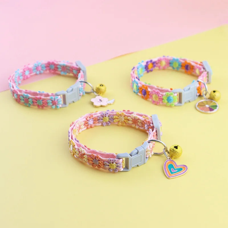 Adjustable Paw Print Pet Collar with Bell for Cats & Small Dogs