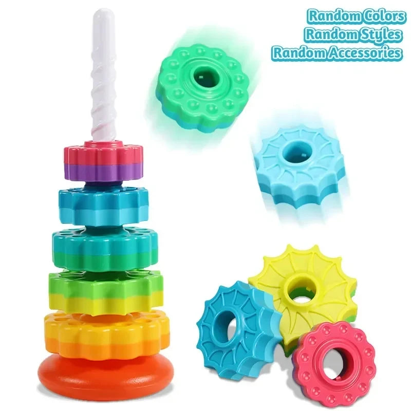 Children's Tesori Stacked Rainbow Tower Colorful Rotating Gear Ring Large Size Building Blocks Puzzle Educational Toys 1-3 Years