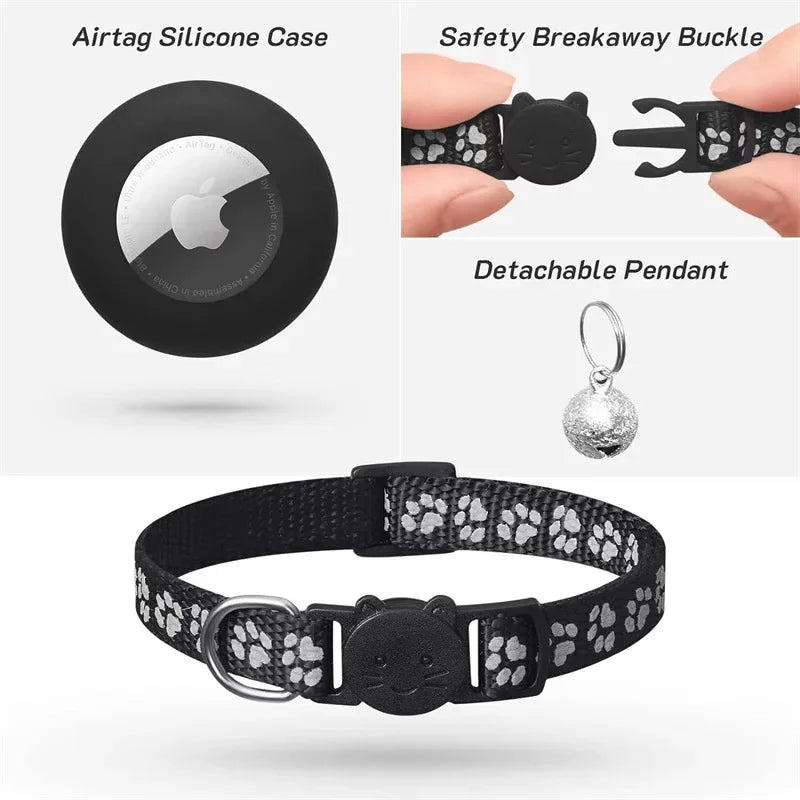 Cat Collar Compatible with Apple Airtag with Bell Adjustable Safety Buckle Reflective GPS Collar for Kittens Puppies 7-12In