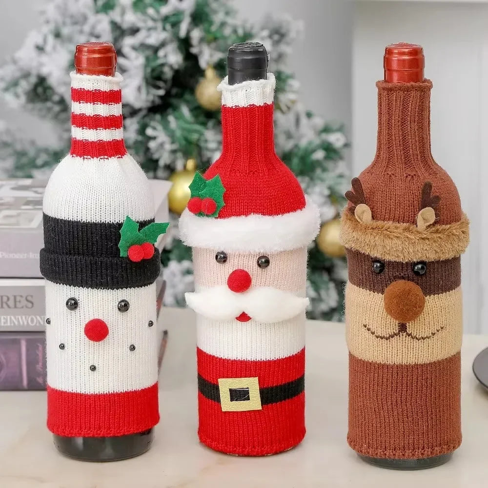 Christmas Wine Bottle Cover Santa Snowman Holiday Table Decoration