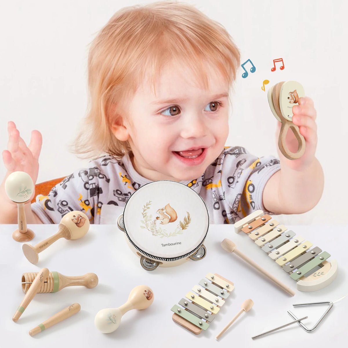 Montessori Wooden Toy Multicolor Xylophone Bell Beads Drum Column Musical Instrument Toy Kid Educational Musical Instrument Gift