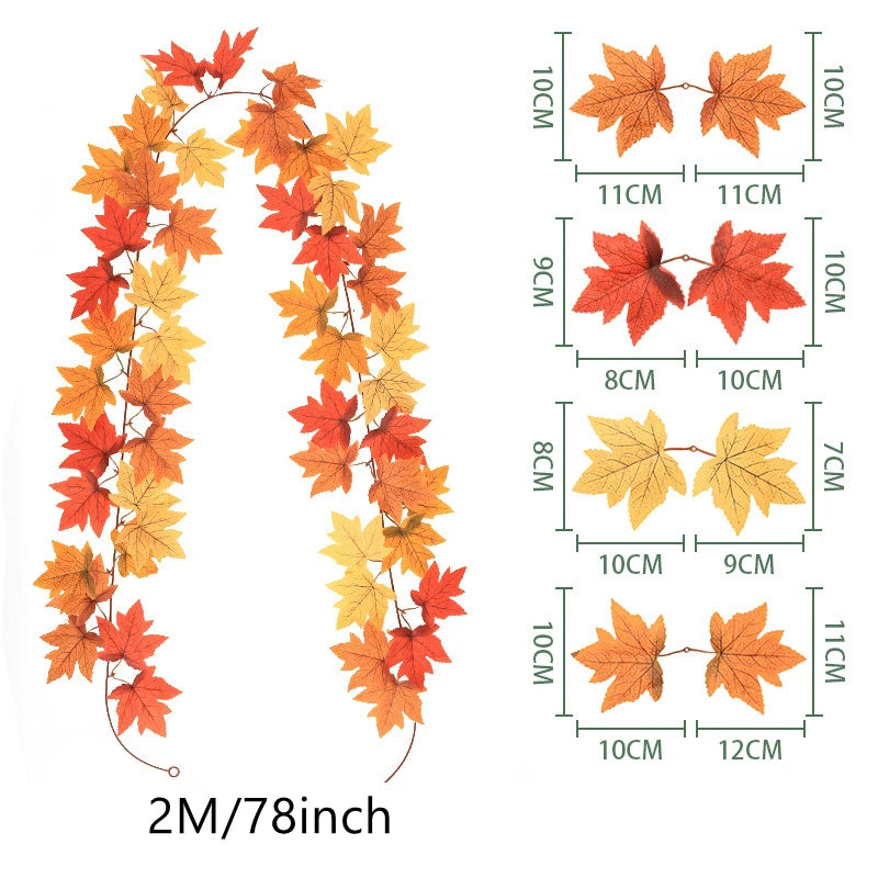 200CM Autumn Artificial Maple Leaf Wreath Fake Leaf Plant Vine Home Decor Garden Halloween Wall Outdoor Doors Windows Decoration