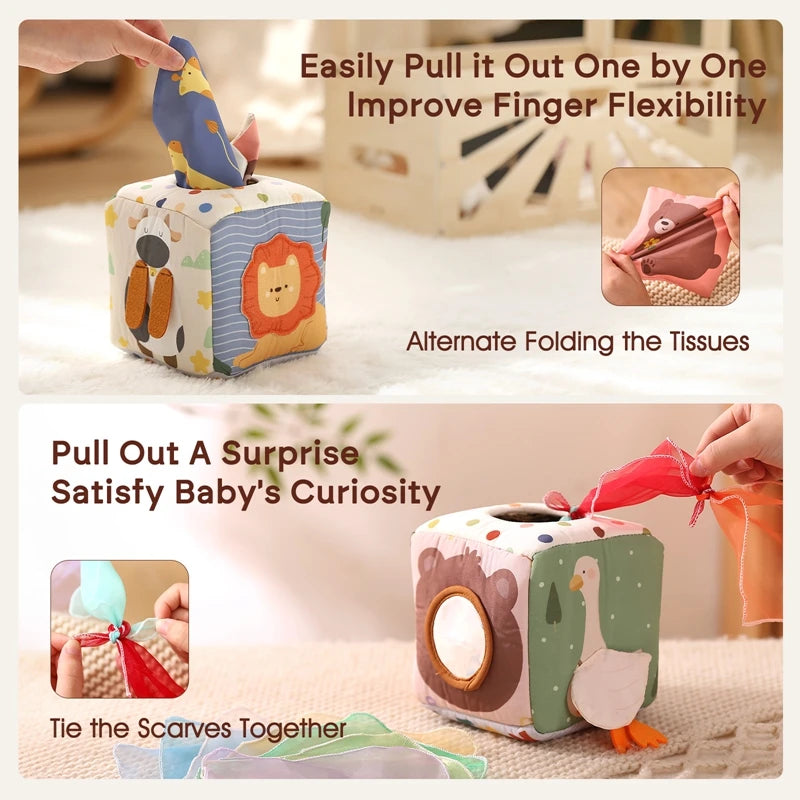 Montessori Tissue Box Sensory Toy – Soft Cloth Activity Cube