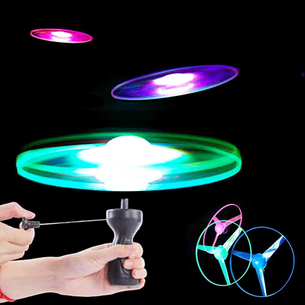 LED Flying Disc Toy Pull String Spinning UFO