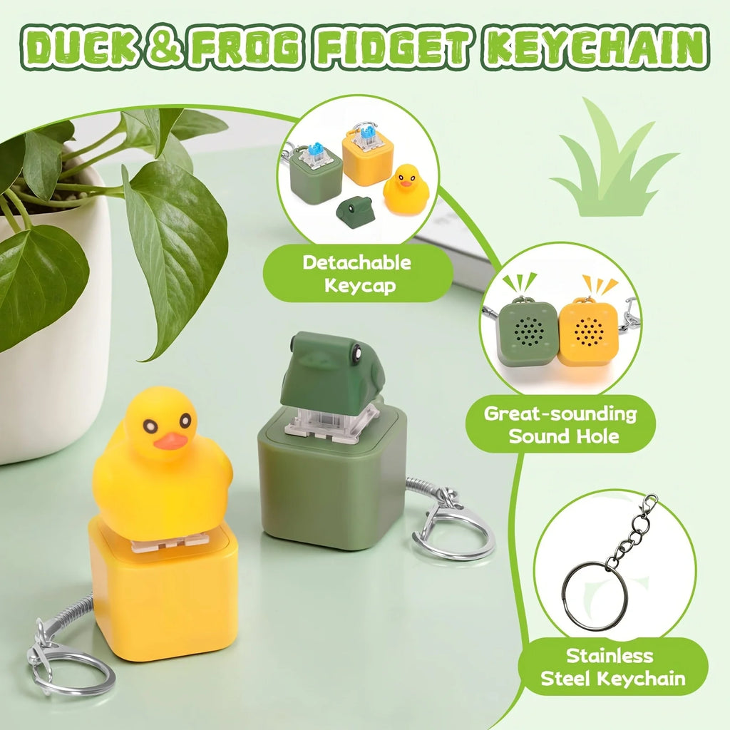 Small Yellow Duck and Frog Keychain, Duck Frog Clicker with LED Light, Adult Stress Relieving and Anxiety Sensing Toy
