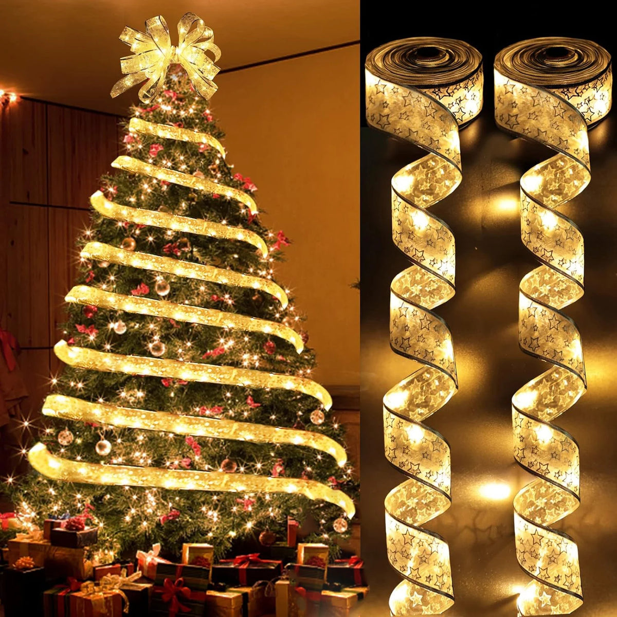 Christmas Ribbon String Lights DIY Fairy Light Tree Decoration