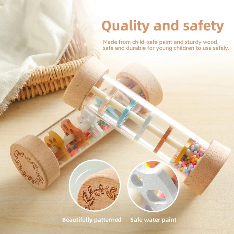 Wooden Montessori Rain Stick – Rainbow Sensory Rattle