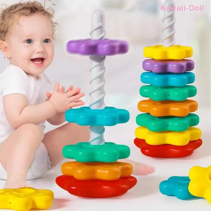 [DO]1 Set Baby Spinning Stacking Puzzle Toys Montessori Rotating Rainbow Tower Children Develop Motor Skills Game Kids Gift[DO]