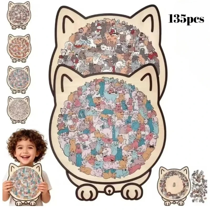 Cat Wooden Jigsaw Puzzle – 135-Piece Irregular Cat-Shaped Game
