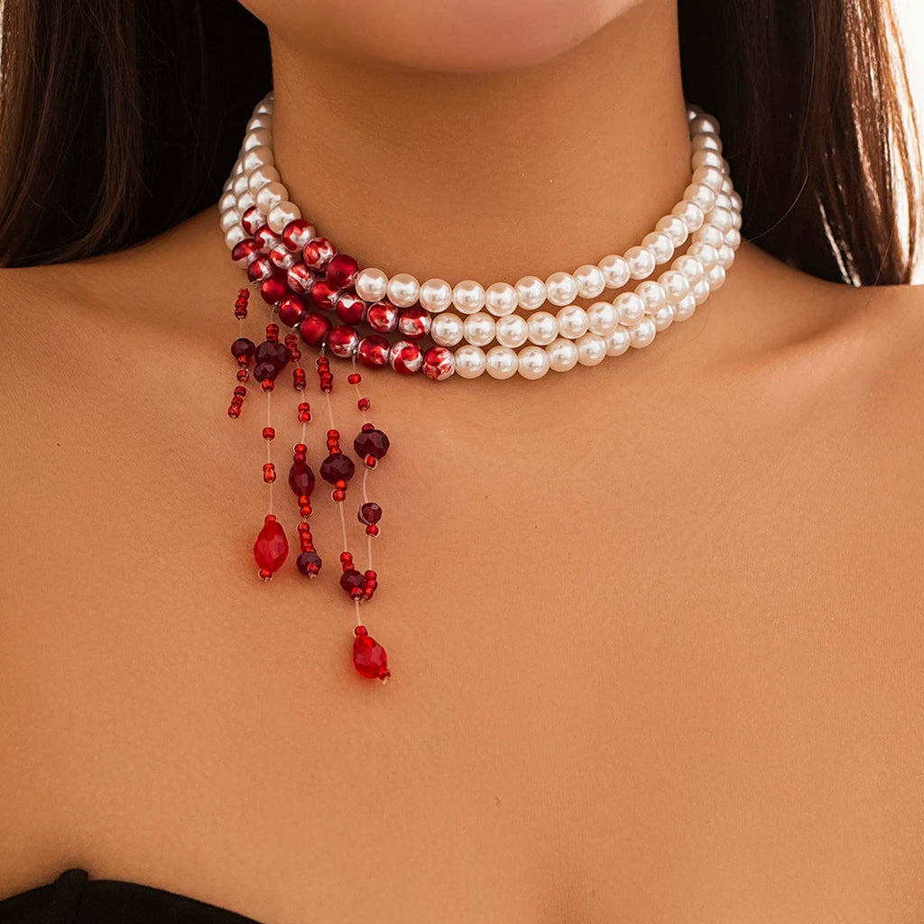 Gothic Halloween Necklace – Red Tassel Pearl Pendant