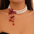 Gothic Halloween Necklace – Red Tassel Pearl Pendant