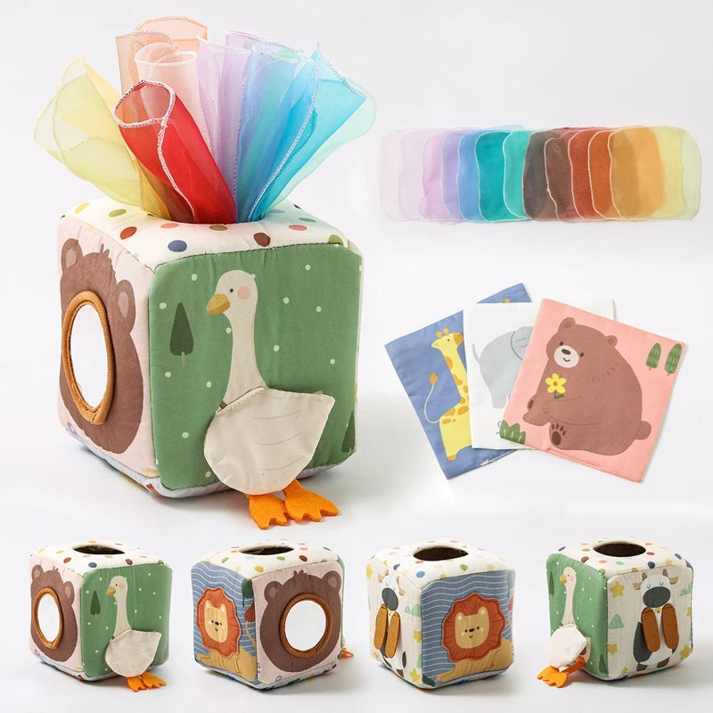 Montessori Tissue Box Sensory Toy – Soft Cloth Activity Cube