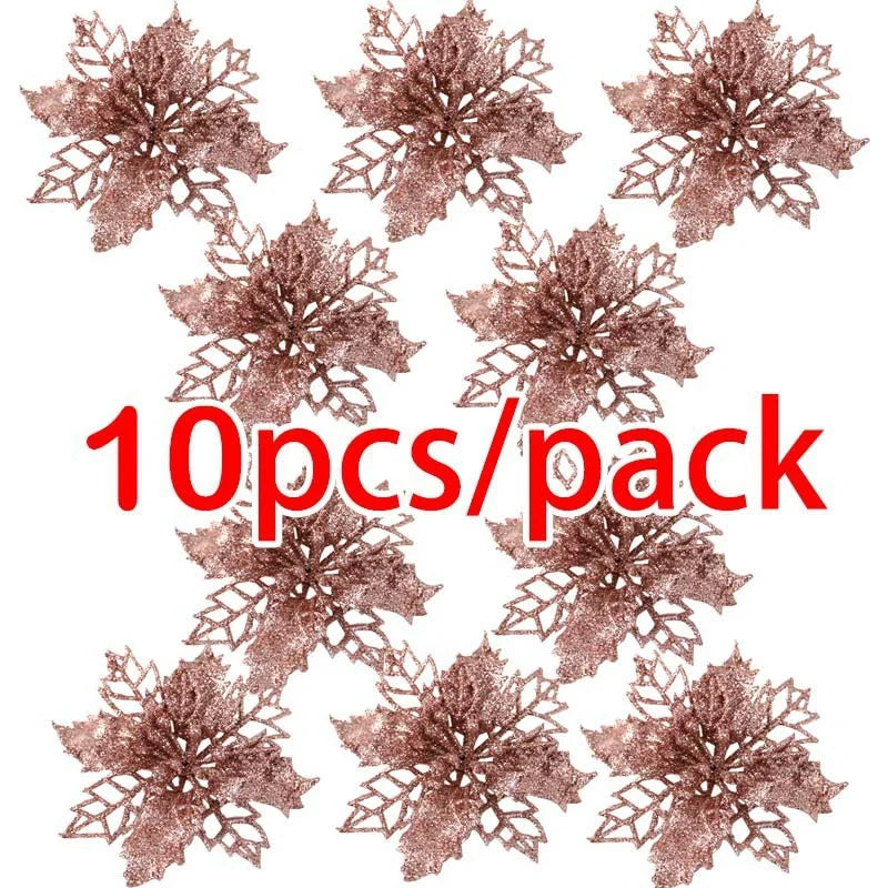 Christmas Tree Decorations 10 Pcs Glitter Flower Ornaments
