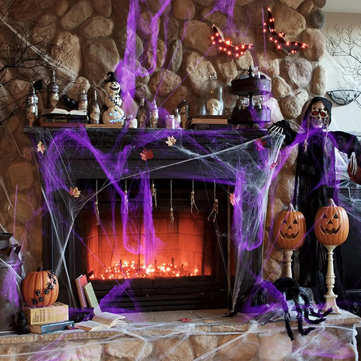 Halloween Spider Web Decoration with Fake Spiders