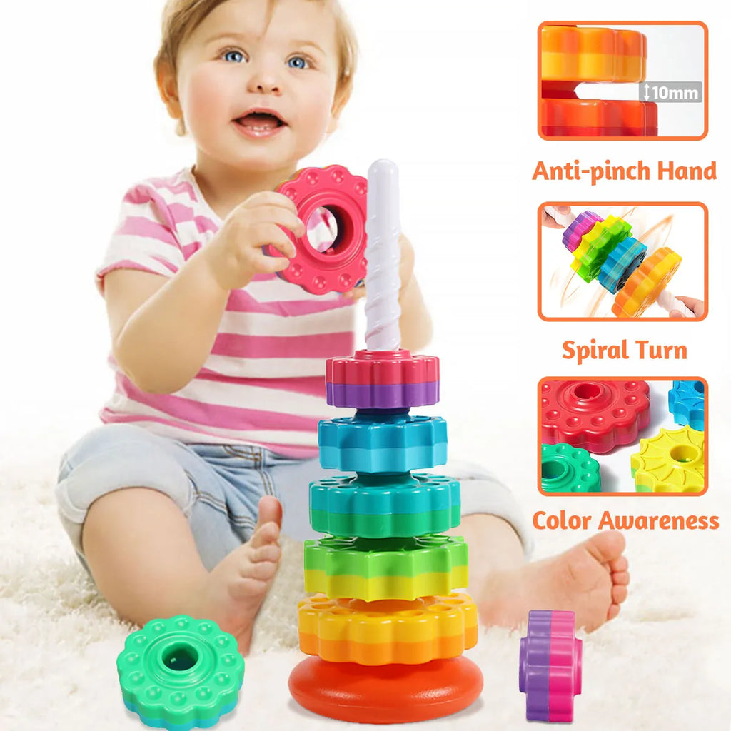 Rainbow Stacking Tower Toy – Rotating Montessori Puzzle