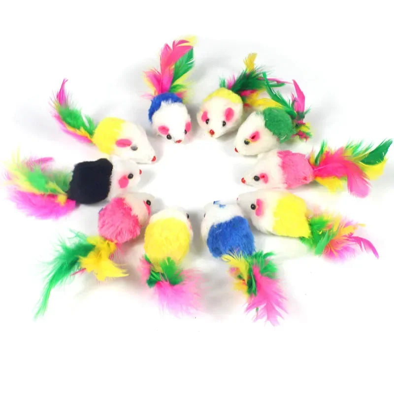 5Pcs 10Pcs Plush Pet Cat Toys Play Rabbit Fur False Mouse Feather Rainbow Mouse Toy  Funny Playing Toys for Kitten Indoor New