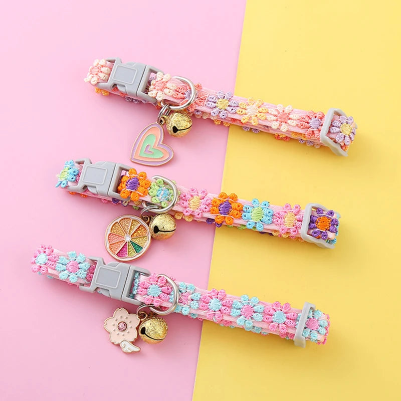 Adjustable Paw Print Pet Collar with Bell for Cats & Small Dogs