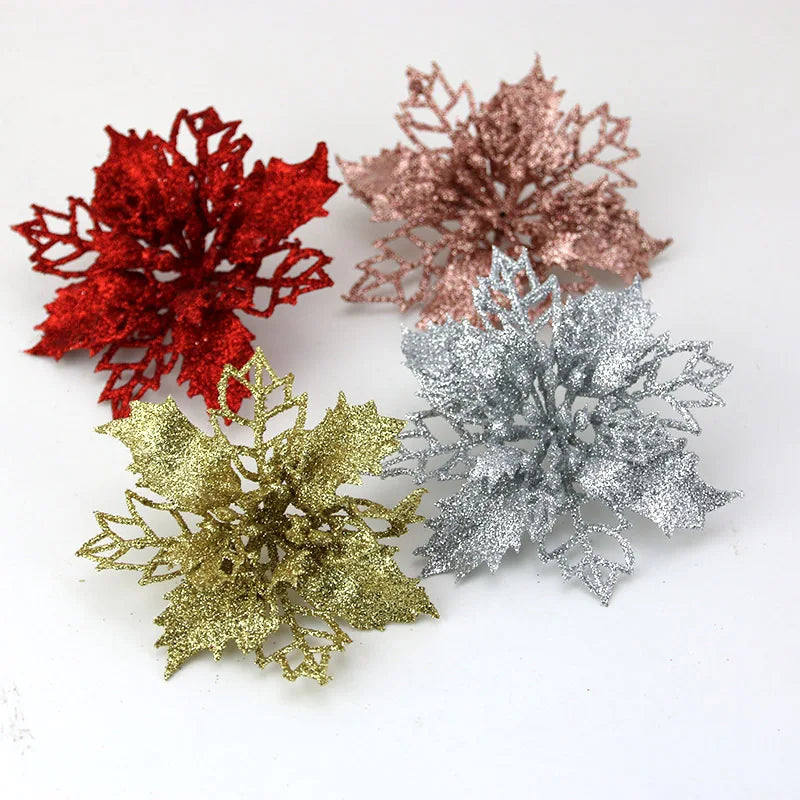 Christmas Tree Decorations 10 Pcs Glitter Flower Ornaments