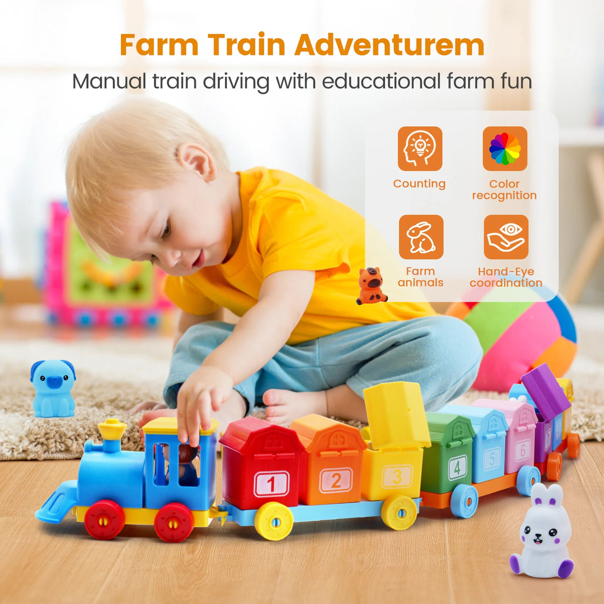 Montessori Farm Train Set for Counting, Sorting & Color Matching