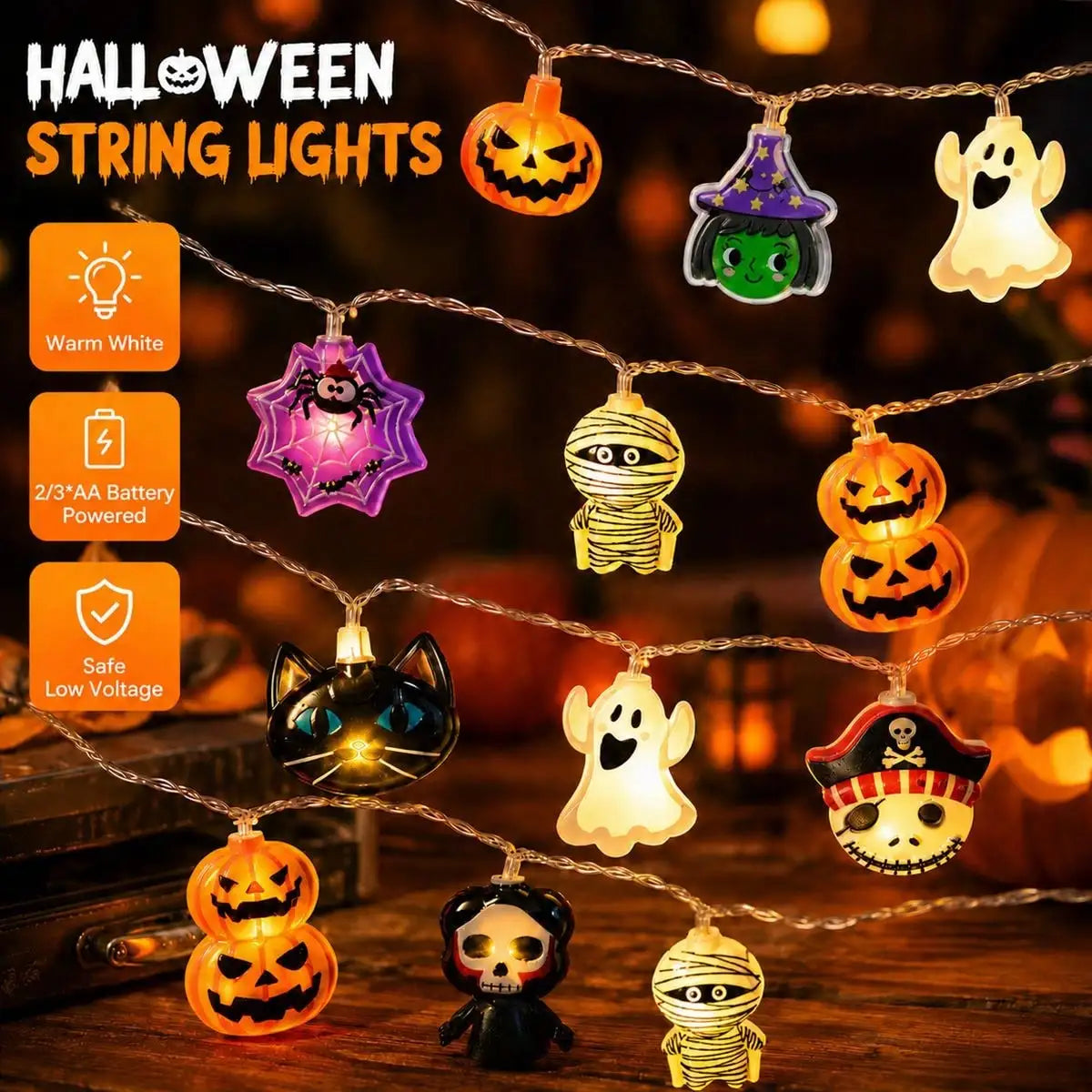 Halloween LED String Lights with Ghost, Pumpkin & Skeleton Designs