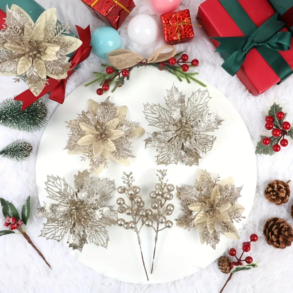 Christmas Artificial Flowers Glitter Berry Bouquet Tree Decor