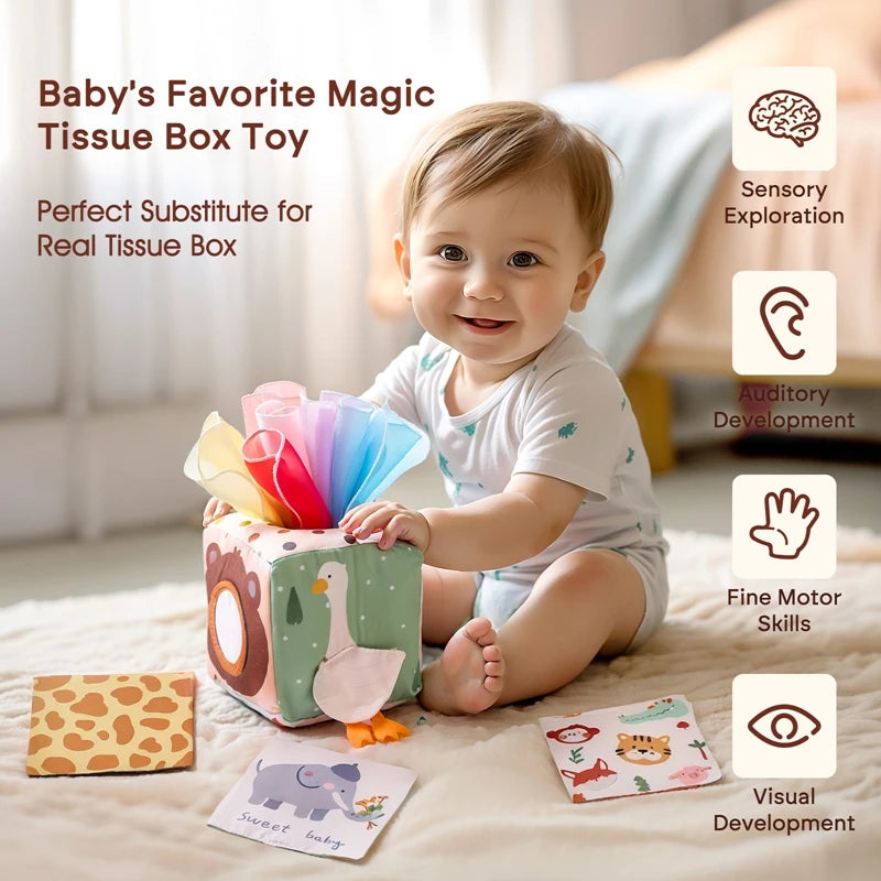 Montessori Tissue Box Sensory Toy – Soft Cloth Activity Cube