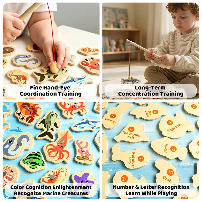 Wooden Magnetic Fishing Toy Montessori Sea Animal Learning Game