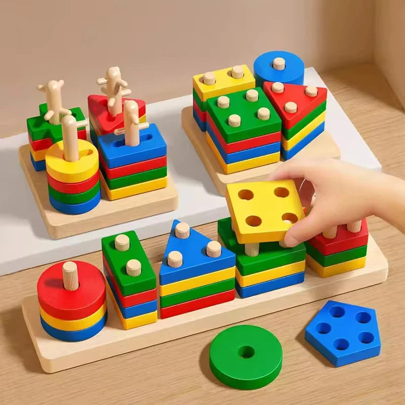 Wooden Shape Sorting Toy – Montessori Blocks & Puzzle