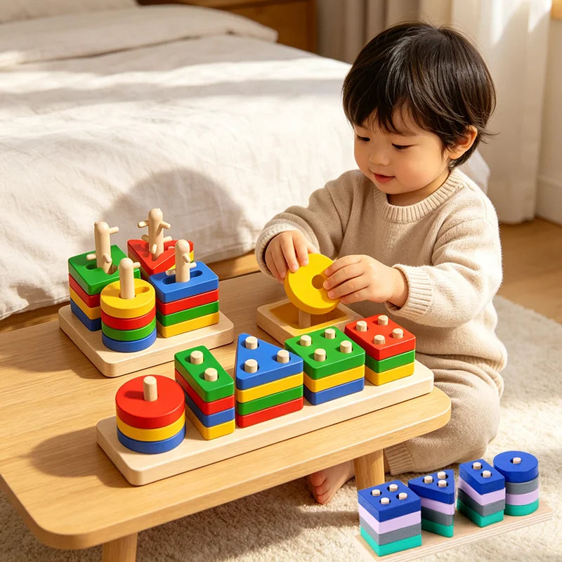 Wooden Shape Sorting Toy – Montessori Blocks & Puzzle